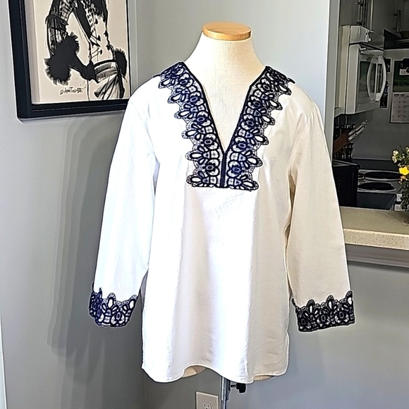 Preston & York Tops - Preston & York white tunic blouse with navy blue lace‎ trim Size 12.